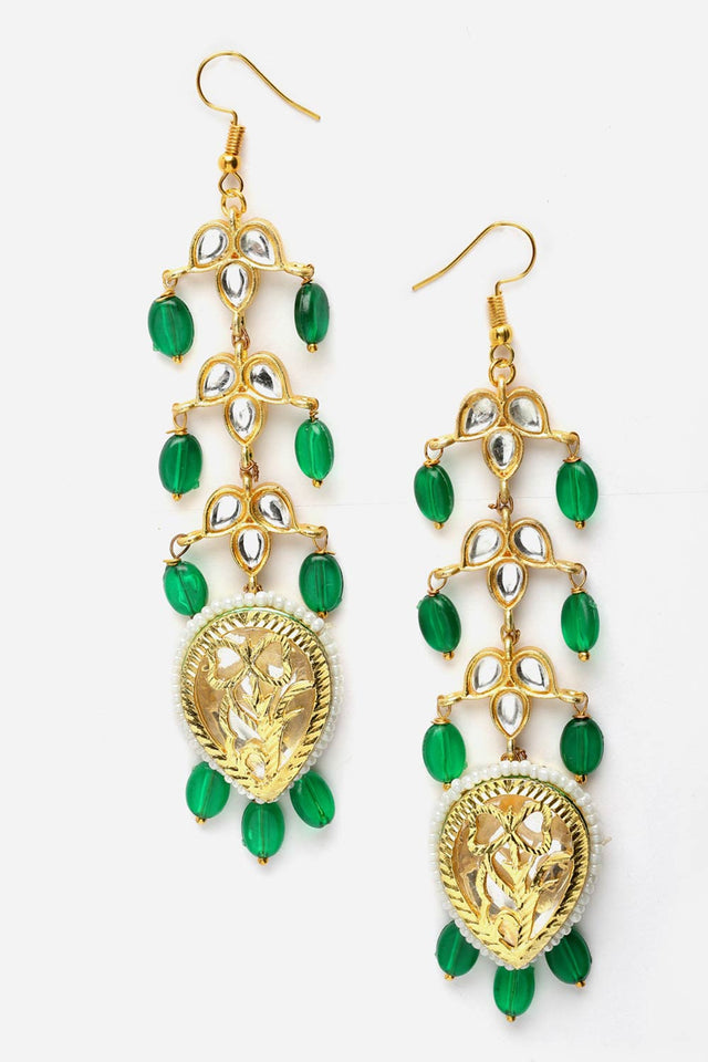Green And Gold Drop Earring With Kundan And Pearls