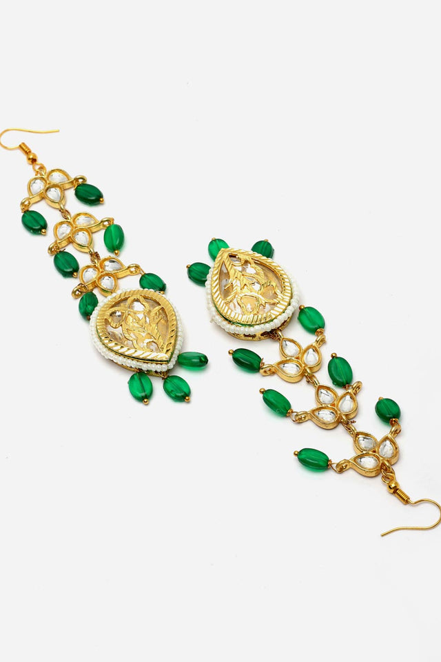Green And Gold Drop Earring With Kundan And Pearls