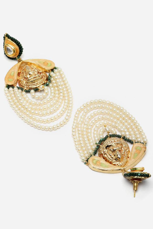 Peach And Cream Drop Earring With Kundan And Pearls
