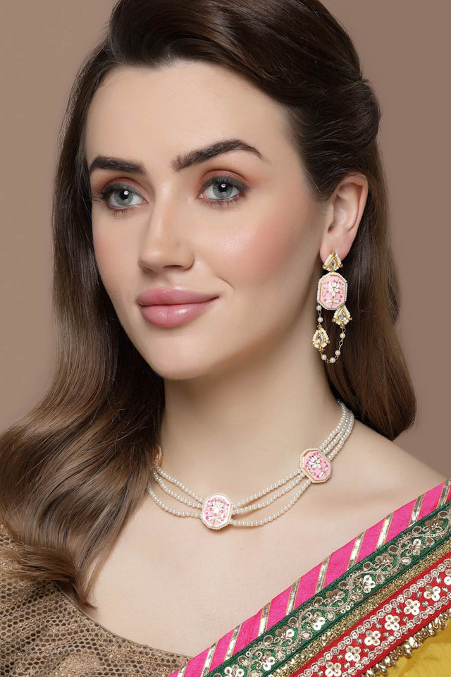 Pink And Gold Drop Earring With Kundan And Pearls