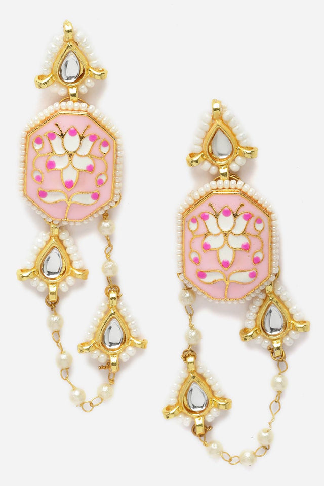 Pink And Gold Drop Earring With Kundan And Pearls