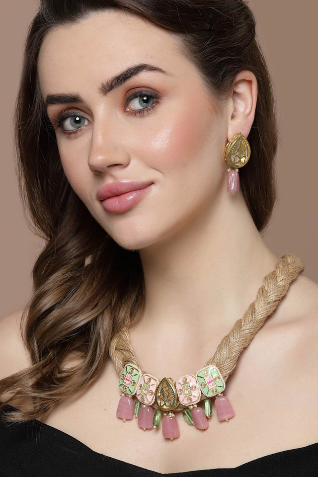 Pink And Gold Drop Earring With Kundan And Natural Stones