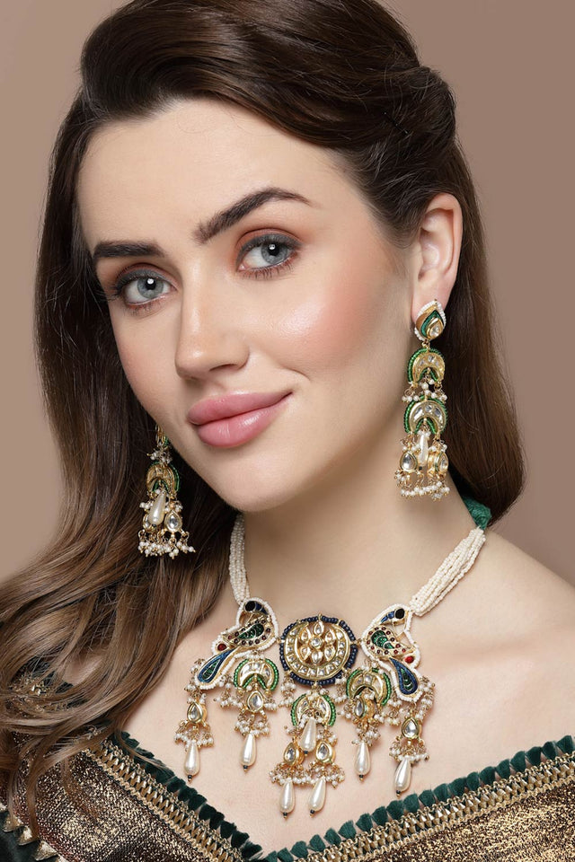 Gold And White Drop Earring With Kundan And Pearls
