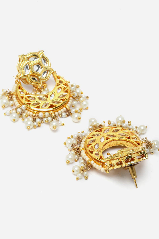 Gold And White Drop Earring With Kundan And Pearls