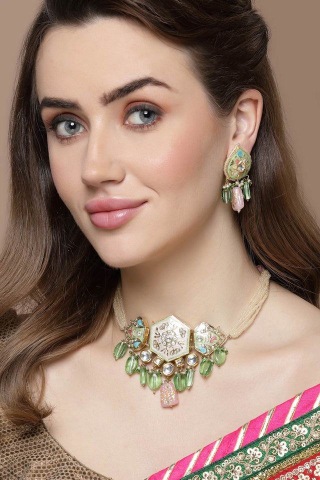 Green And Pink Drop Earring With Kundan And Pearls