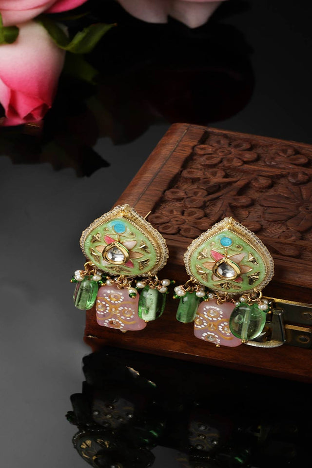 Green And Pink Drop Earring With Kundan And Pearls