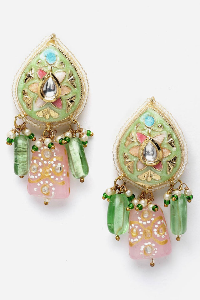 Green And Pink Drop Earring With Kundan And Pearls