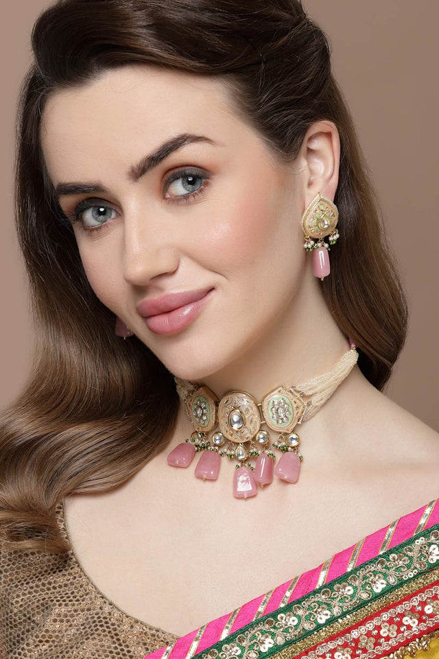 Peach And Pink Drop Earring With Kundan And Pearls