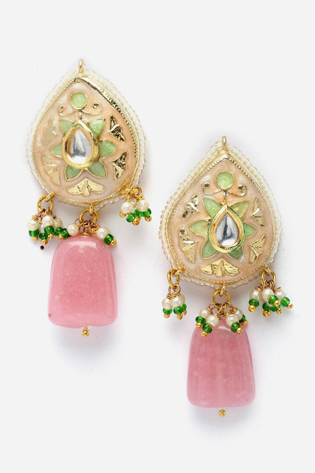 Peach And Pink Drop Earring With Kundan And Pearls
