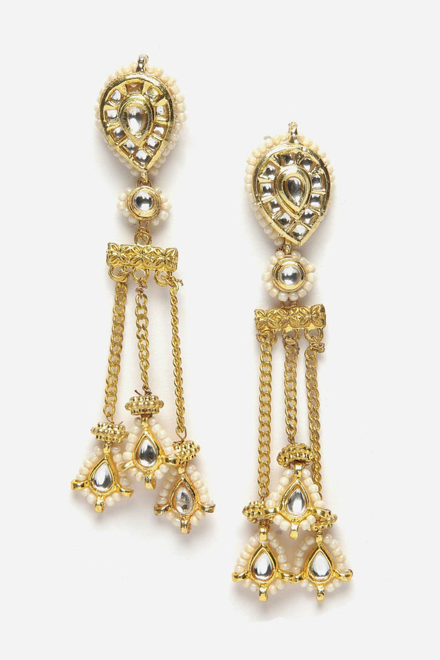 Gold And White Drop Earring With Kundan And Pearls