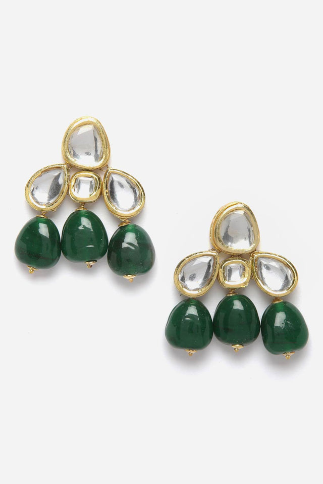 Green And Gold Drop Earring With Kundan And Pearls (DGED23063)