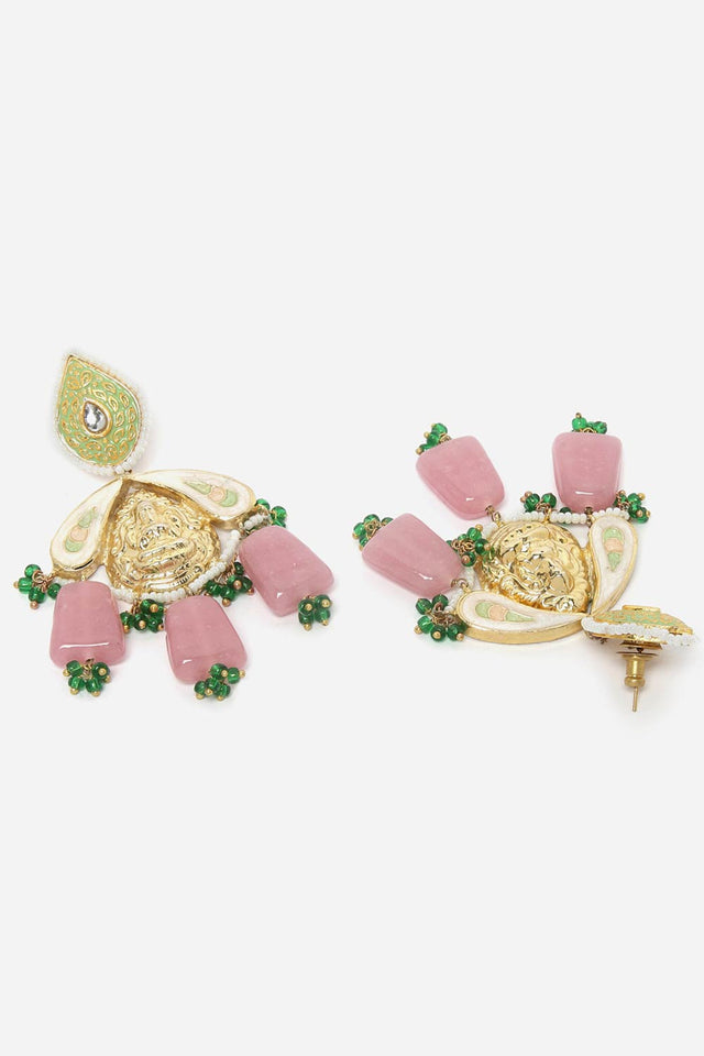 Pink And Green Drop Earring With Kundan And Pearls
