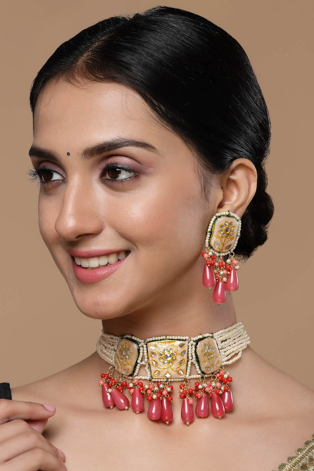 Peach And Pink Drop Earring With Kundan And Pearls