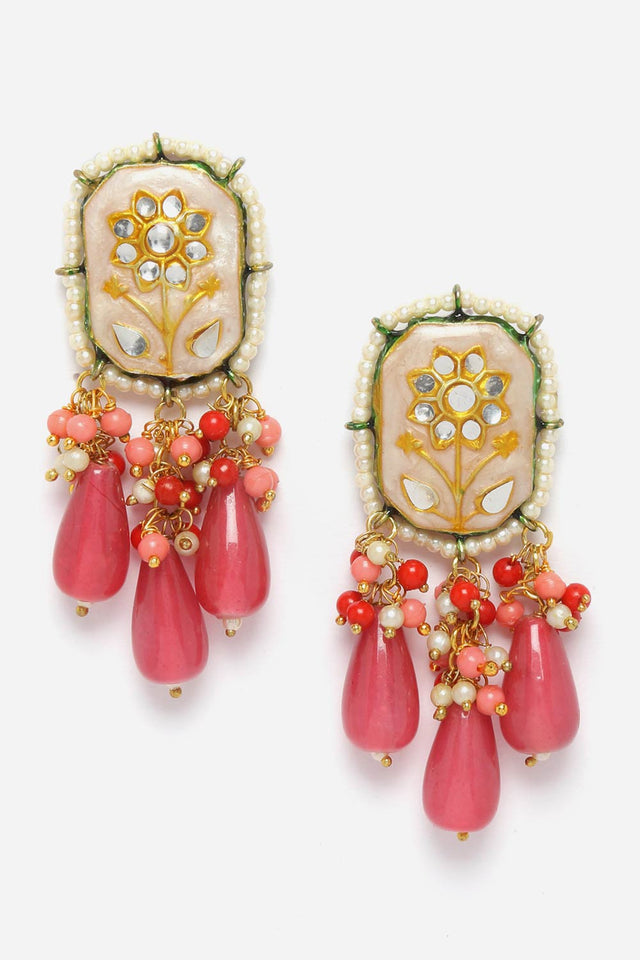 Peach And Pink Drop Earring With Kundan And Pearls