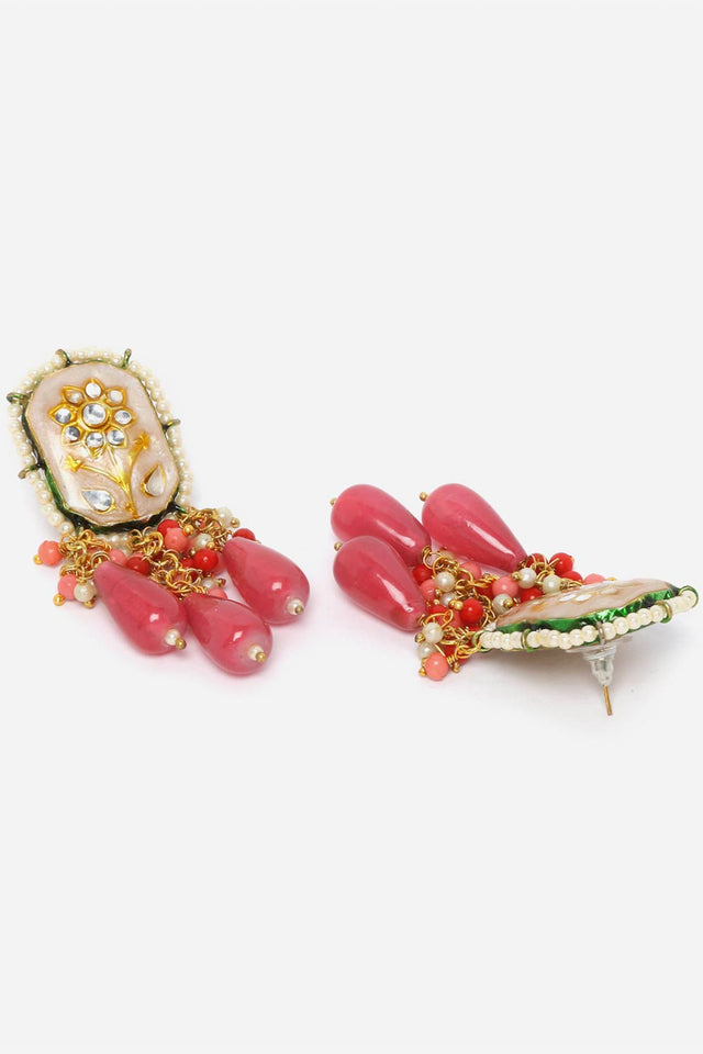 Peach And Pink Drop Earring With Kundan And Pearls