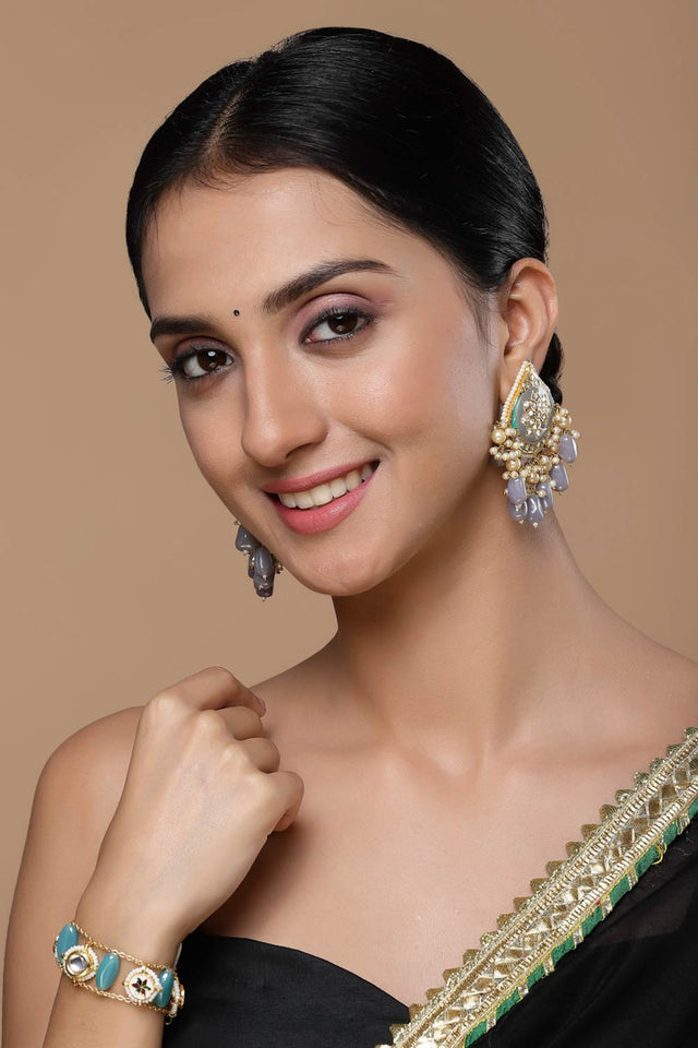 Grey And Green Drop Earring With Kundan And American Diamonds