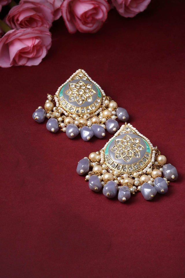 Grey And Green Drop Earring With Kundan And American Diamonds