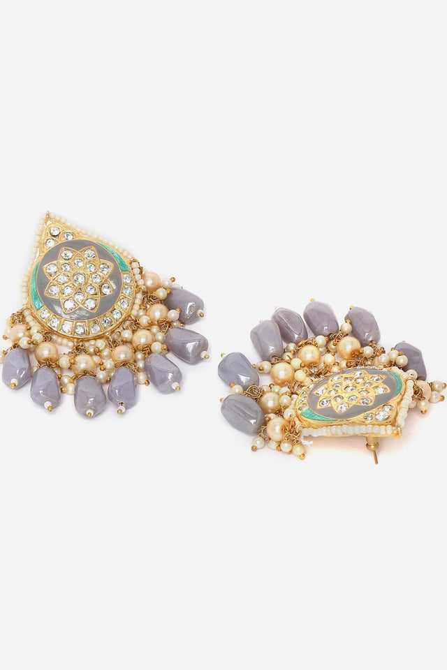 Grey And Green Drop Earring With Kundan And American Diamonds