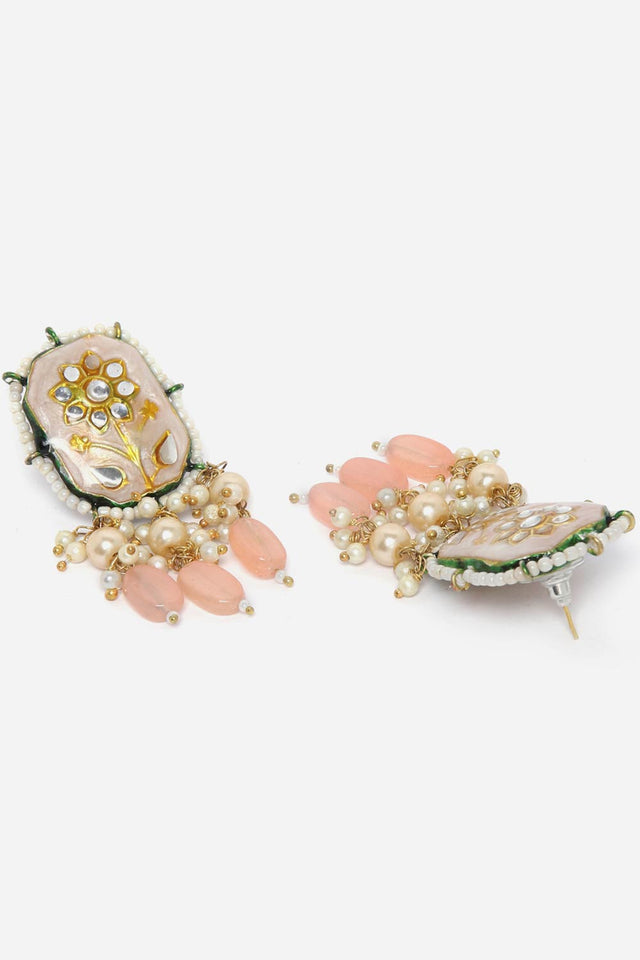 Peach And Pink Drop Earring With Pearls And Natural Stones