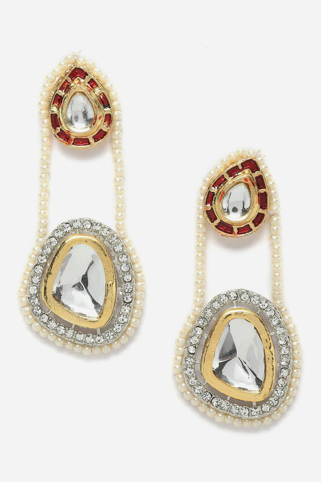 Red And Gold Drop Earring With Kundan And American Diamonds