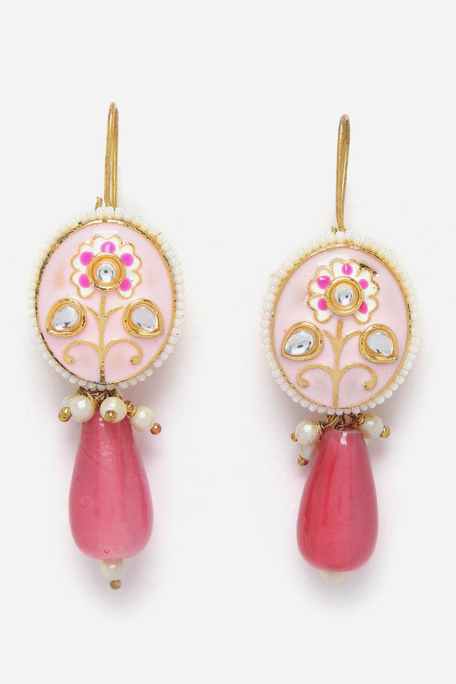 Pink And Gold Drop Earring With Kundan And Pearls