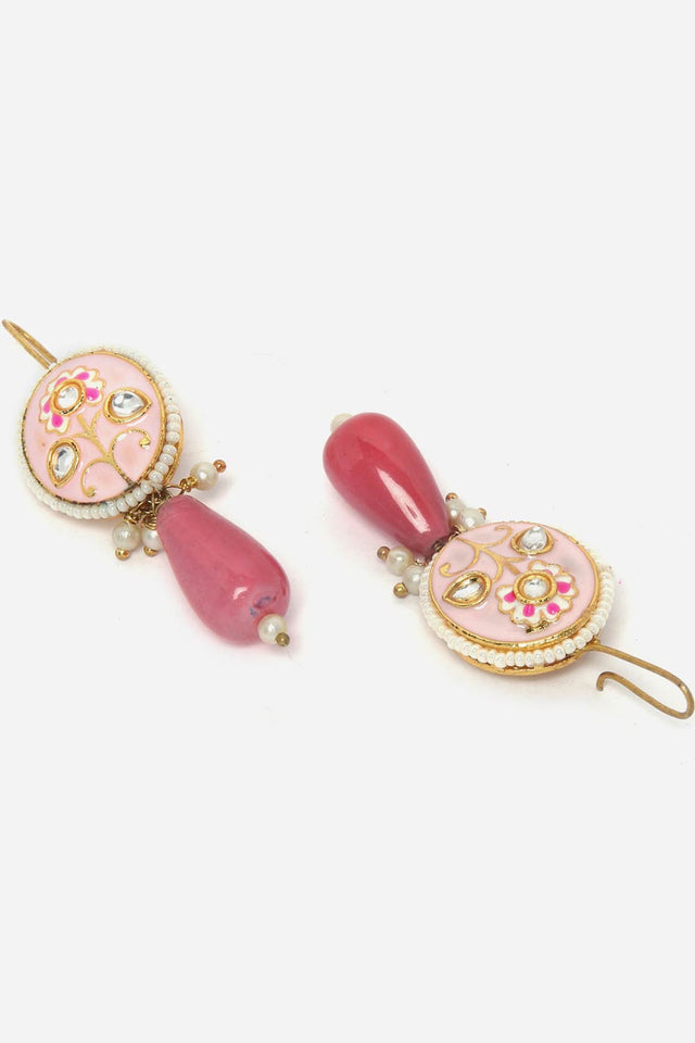 Pink And Gold Drop Earring With Kundan And Pearls