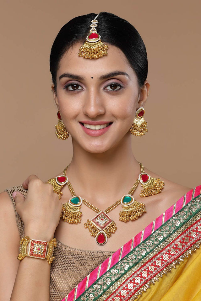 Red And Gold Drop Earring With Kundan And Pearls