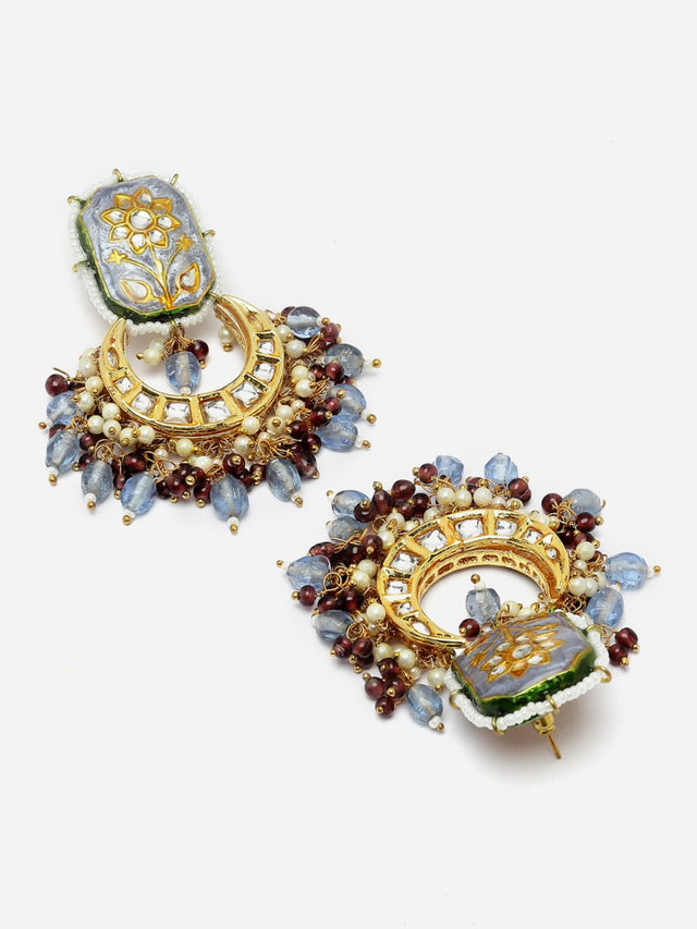 Blue And Brown Drop Earring With Kundan And Pearls