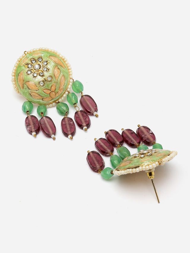 Green And Peach Drop Earring With Kundan And Pearls (DGED23079)