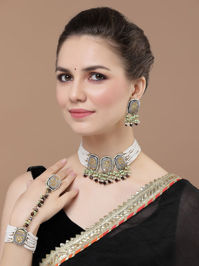 Blue And Green Drop Earring With Kundan And Pearls