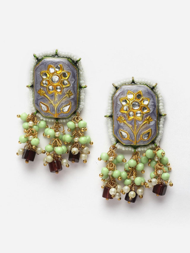 Blue And Green Drop Earring With Kundan And Pearls