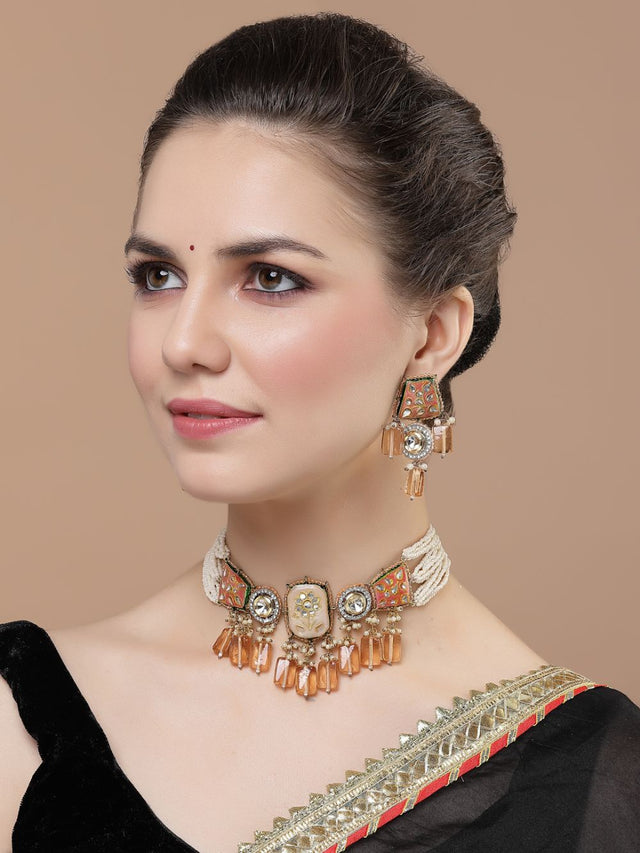 Orange And Gold Drop Earring With Kundan And American Diamonds