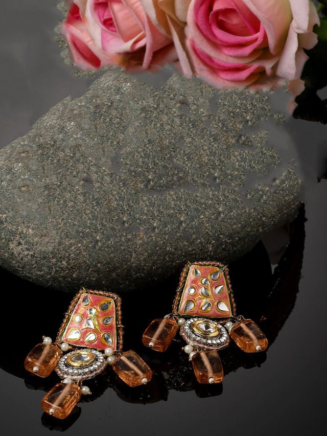 Orange And Gold Drop Earring With Kundan And American Diamonds