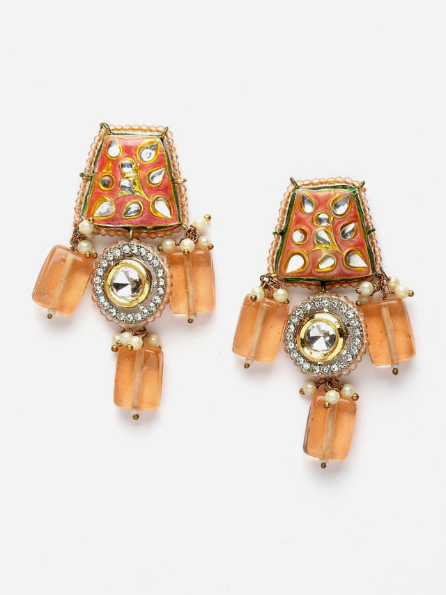 Orange And Gold Drop Earring With Kundan And American Diamonds