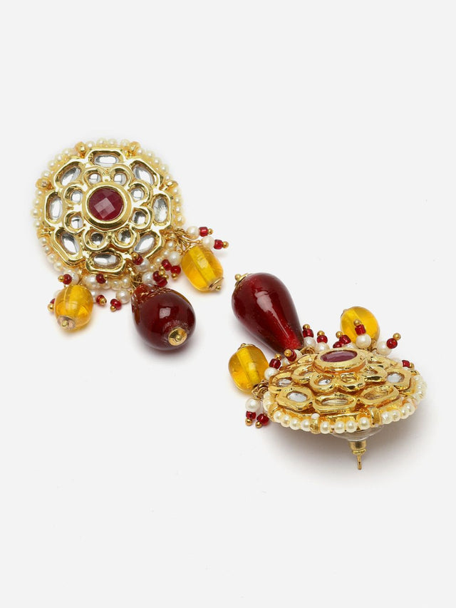 Maroon And Yellow Drop Earring With Kundan And Pearls