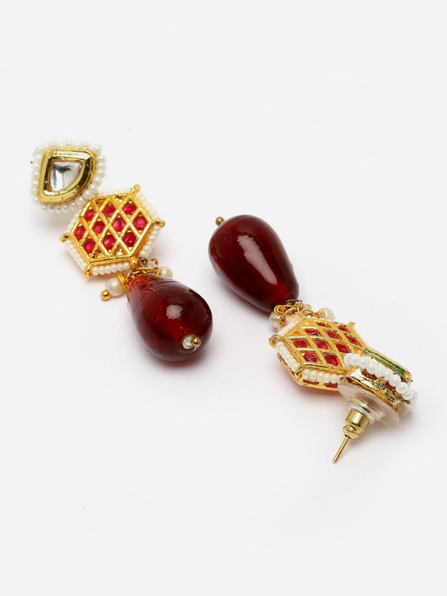Maroon And Red Drop Earring With Kundan And Pearls