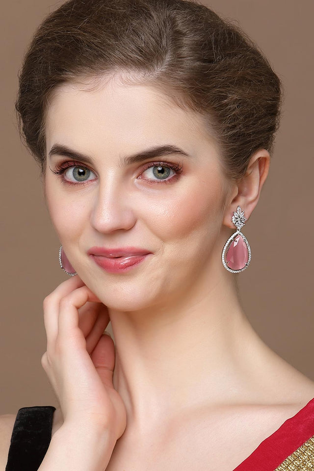 Pink And Silver Drop Earring With American Diamond And Natural Stones