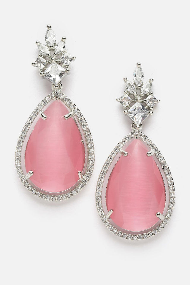 Pink And Silver Drop Earring With American Diamond And Natural Stones