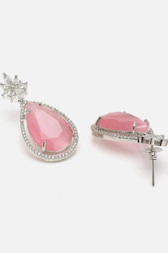 Pink And Silver Drop Earring With American Diamond And Natural Stones