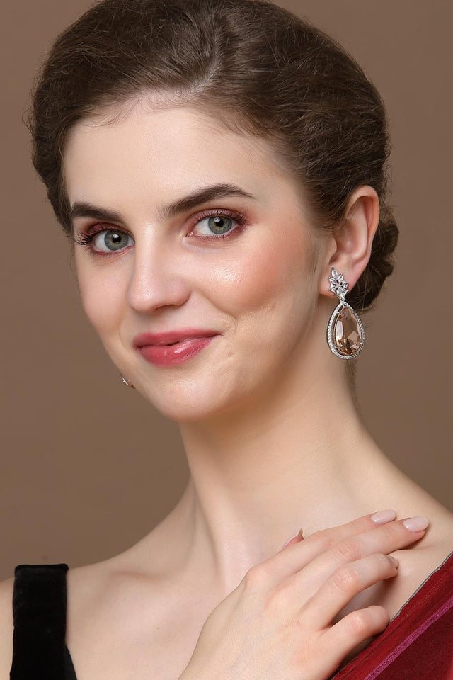 Orange And Silver Drop Earring With American Diamond And Natural Stones