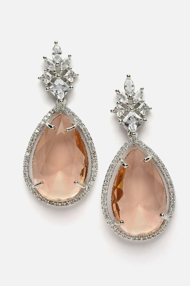 Orange And Silver Drop Earring With American Diamond And Natural Stones