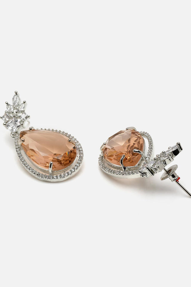 Orange And Silver Drop Earring With American Diamond And Natural Stones