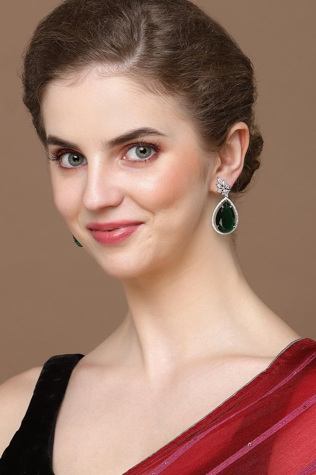 Green And Silver Drop Earring With American Diamond And Natural Stones