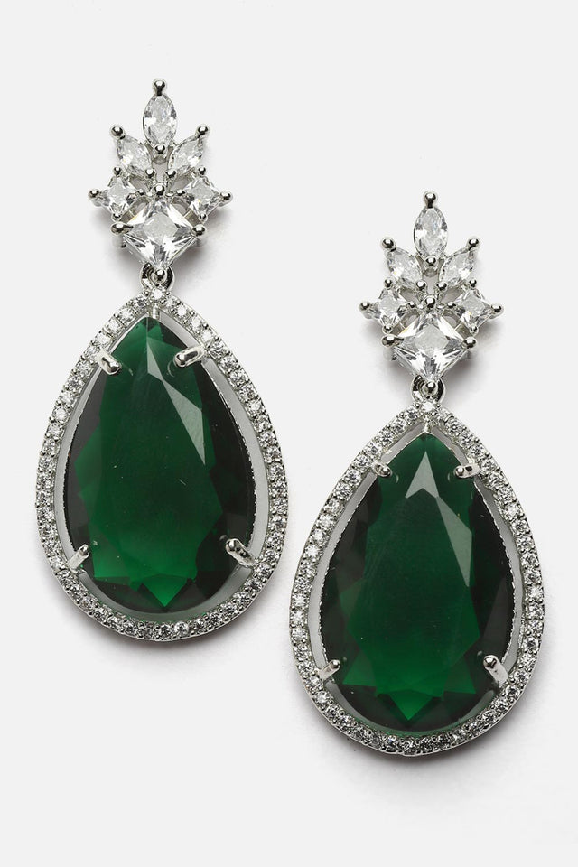 Green And Silver Drop Earring With American Diamond And Natural Stones