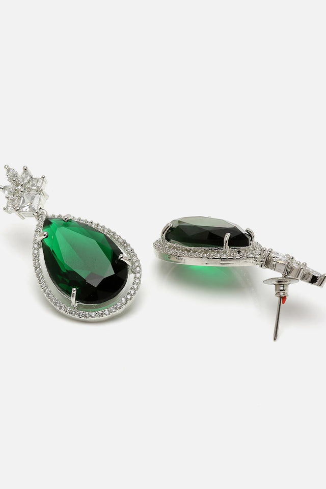 Green And Silver Drop Earring With American Diamond And Natural Stones