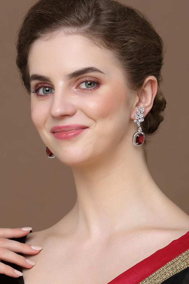 Red And Silver Drop Earring With American Diamond And Natural Stones