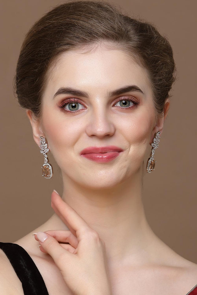 Orange And Silver Drop Earring With American Diamond And Natural Stones