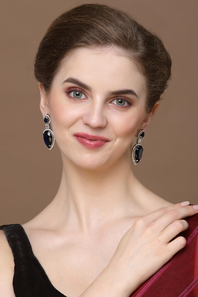 Green And Silver Drop Earring With American Diamond And Natural Stones