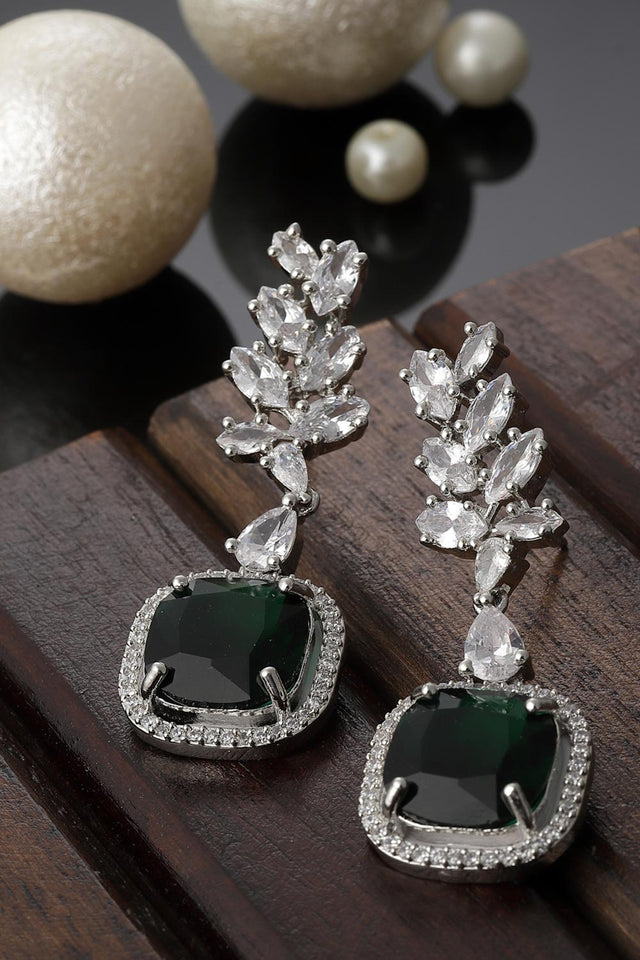 Green And Silver Drop Earring With American Diamond And Natural Stones