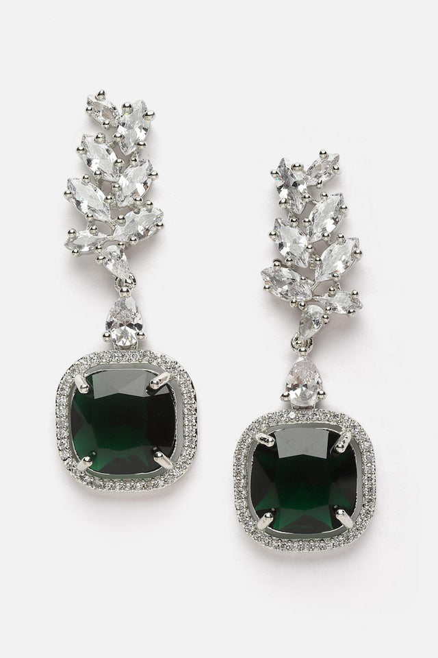 Green And Silver Drop Earring With American Diamond And Natural Stones